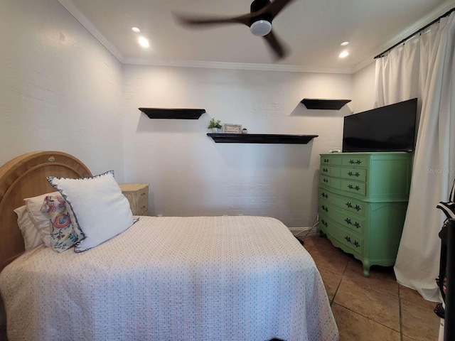 tiled bedroom with crown molding, ceiling fan, and recessed lighting