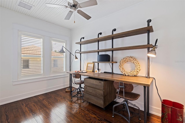office featuring baseboards, visible vents, wood finished floors, and a ceiling fan