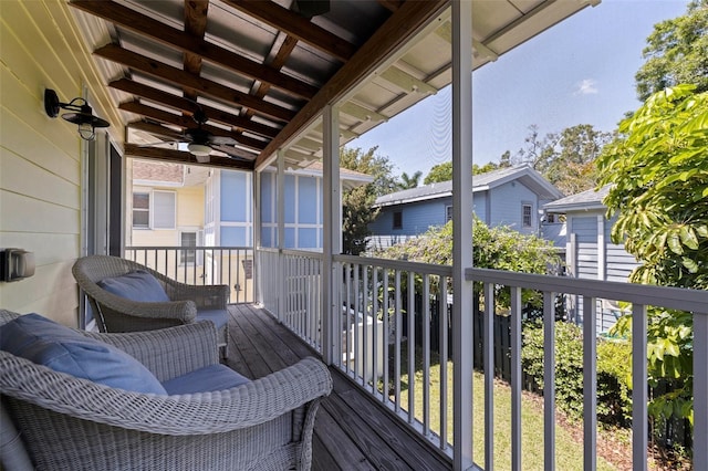 balcony featuring a ceiling fan