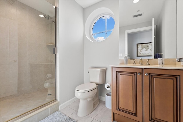 full bathroom with a shower stall, visible vents, toilet, tile patterned floors, and vanity
