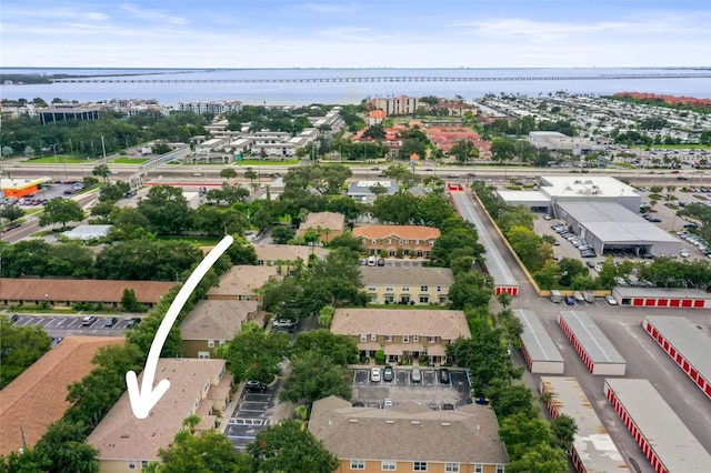 drone / aerial view featuring a water view