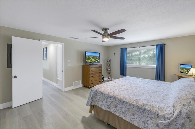 592 Ken Hubbard Rd, Terra Ceia, FL 34250 - bedroom featuring light wood finished floors, electric panel, baseboards, and a ceiling fan