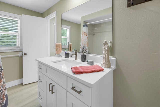 592 Ken Hubbard Rd, Terra Ceia, FL 34250 - bathroom with vanity, wood finished floors, a shower with shower curtain, and baseboards