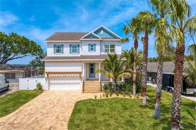 view of front facade featuring a gate, decorative driveway, a front yard, an attached garage, and stucco siding