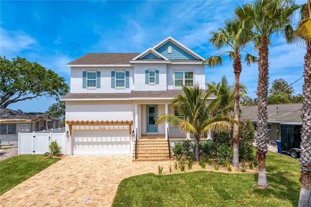 view of front of property with a front lawn, a garage, a gate, decorative driveway, and stucco siding
