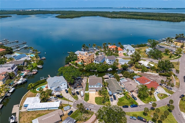 bird's eye view featuring a residential view and a water view