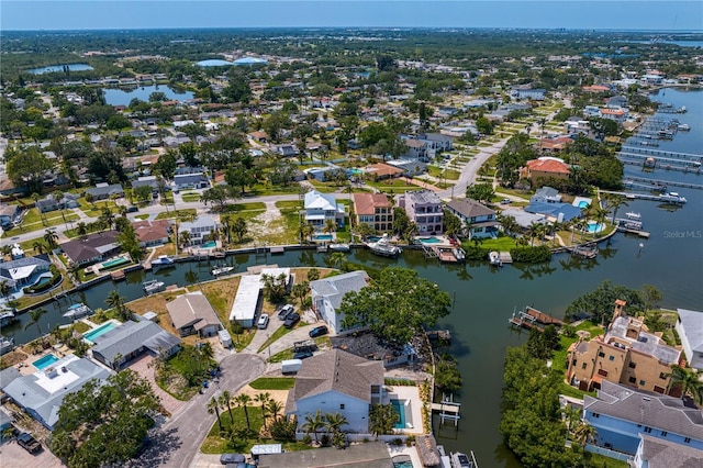 aerial view featuring a water view and a residential view