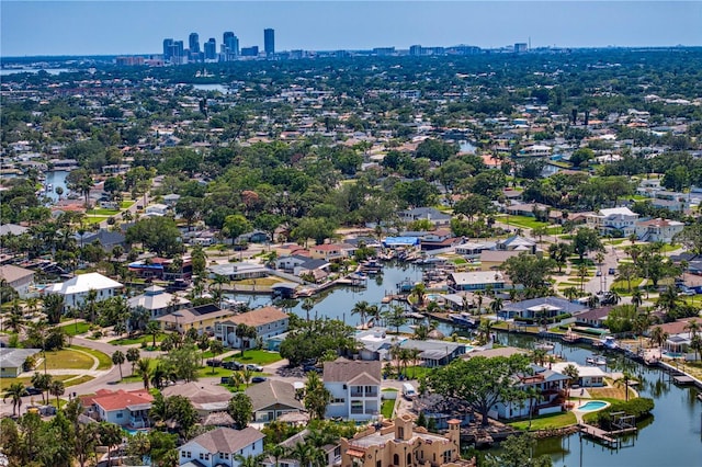 aerial view featuring a residential view and a water view