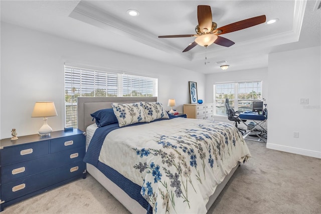 100 Windrush Blvd Unit 1, Indian Rocks Beach, FL 33785 - bedroom with a tray ceiling, light colored carpet, crown molding, baseboards, and an office area