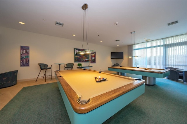 playroom featuring visible vents, carpet, and pool table
