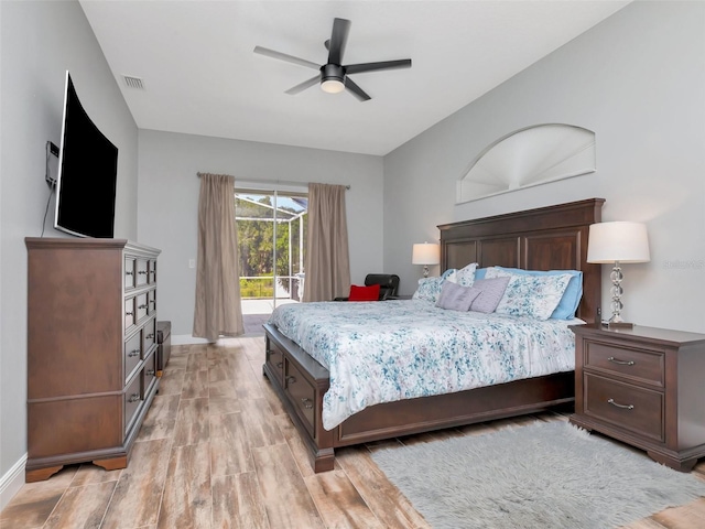 bedroom with light wood-style floors, ceiling fan, visible vents, access to exterior, and baseboards