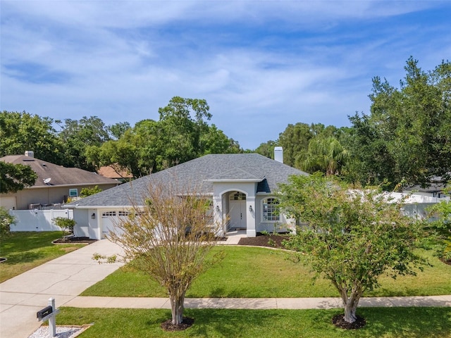 single story home with concrete driveway, a garage, a front lawn, and fence