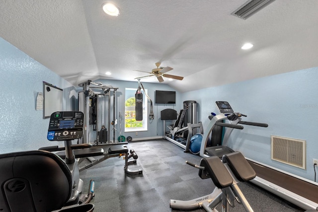 4022 Valrico Grove Dr, Valrico, FL 33594 - exercise area with ceiling fan, a textured wall, lofted ceiling, a textured ceiling, and baseboards