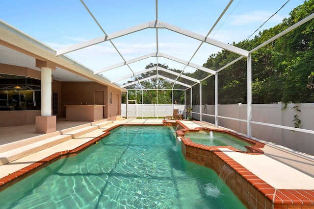 4022 Valrico Grove Dr, Valrico, FL 33594 - view of swimming pool with a pool with connected hot tub, a patio area, a fenced backyard, and glass enclosure