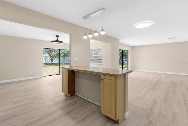 kitchen with light wood-style floors, a healthy amount of sunlight, and open floor plan