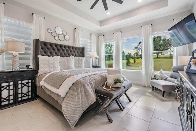 bedroom featuring recessed lighting, light tile patterned floors, ceiling fan, a raised ceiling, and baseboards