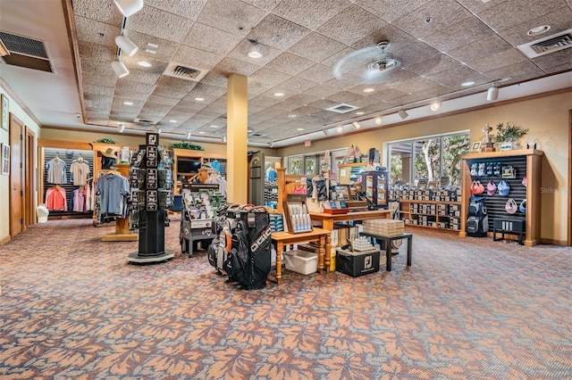 miscellaneous room with carpet, visible vents, and a drop ceiling