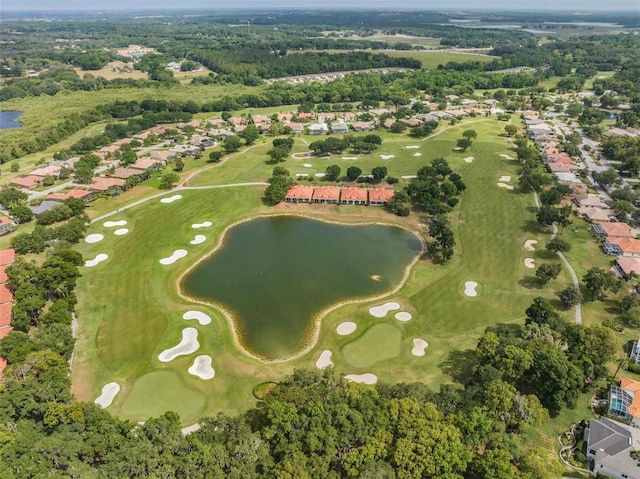 bird's eye view with a residential view, a water view, and golf course view