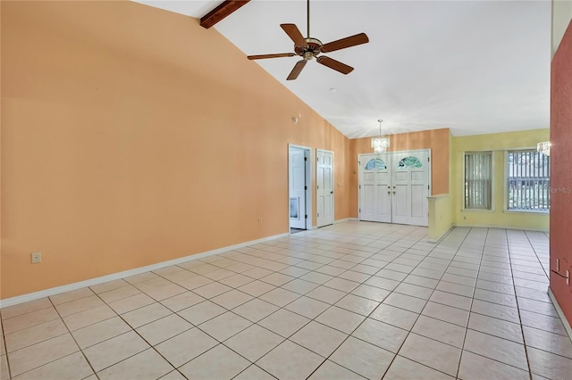 interior space featuring baseboards, ceiling fan with notable chandelier, beam ceiling, high vaulted ceiling, and light tile patterned flooring