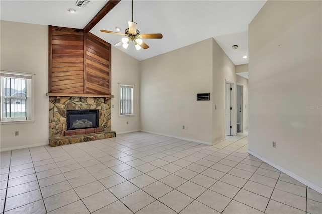 unfurnished living room featuring baseboards, high vaulted ceiling, a ceiling fan, and light tile patterned flooring