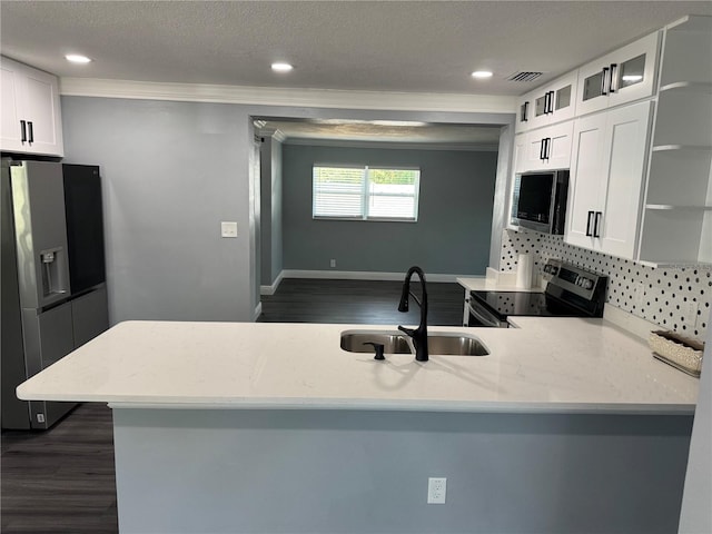 kitchen featuring crown molding, appliances with stainless steel finishes, dark wood-style floors, and a sink