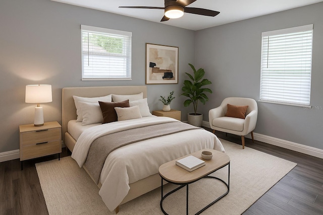 bedroom with baseboards, a ceiling fan, and wood finished floors