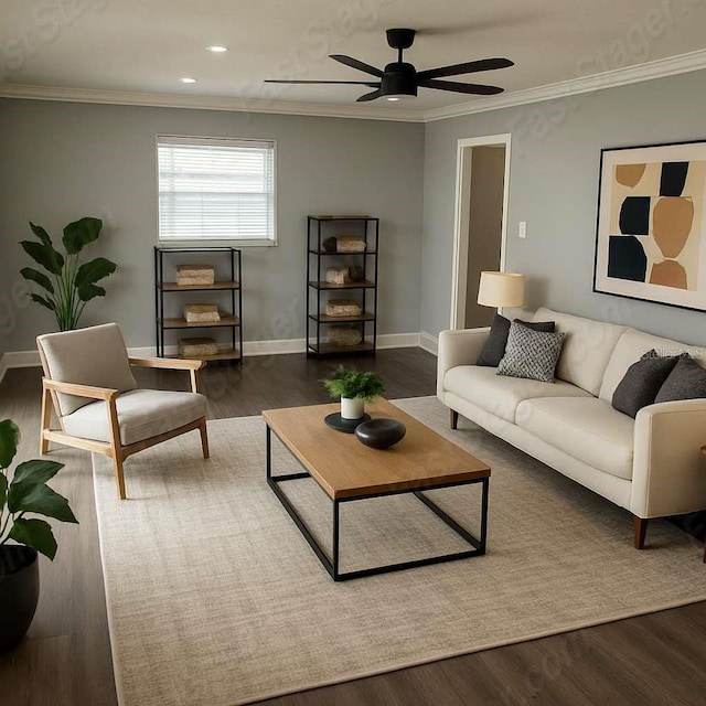 living room with a ceiling fan, baseboards, ornamental molding, and wood finished floors