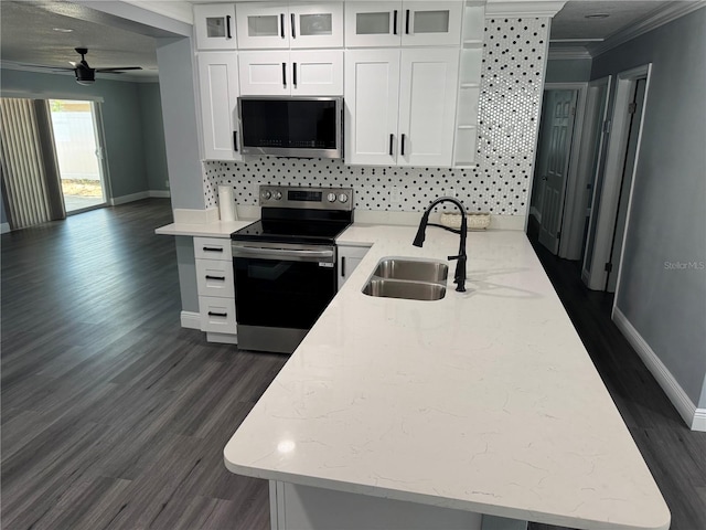 2205 N Grady Ave, Tampa, FL 33607 - kitchen with ceiling fan, dark wood-style flooring, a sink, stainless steel appliances, and white cabinetry