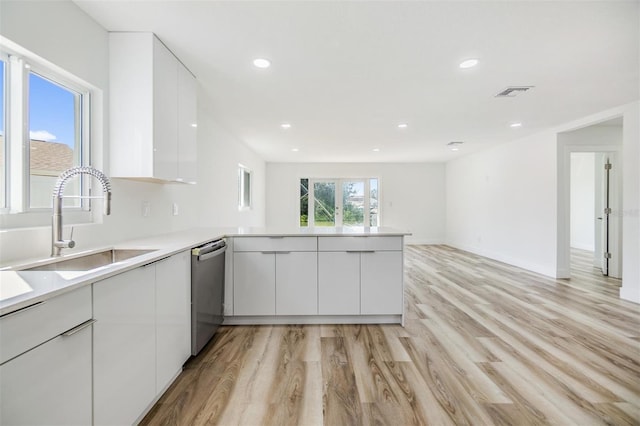 kitchen featuring a sink, modern cabinets, visible vents, white cabinetry, and dishwasher