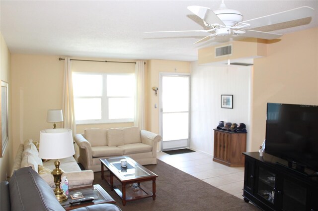 9950 47th Ave N Unit 311, Saint Petersburg, FL 33708 - living room featuring visible vents, light tile patterned floors, and a ceiling fan