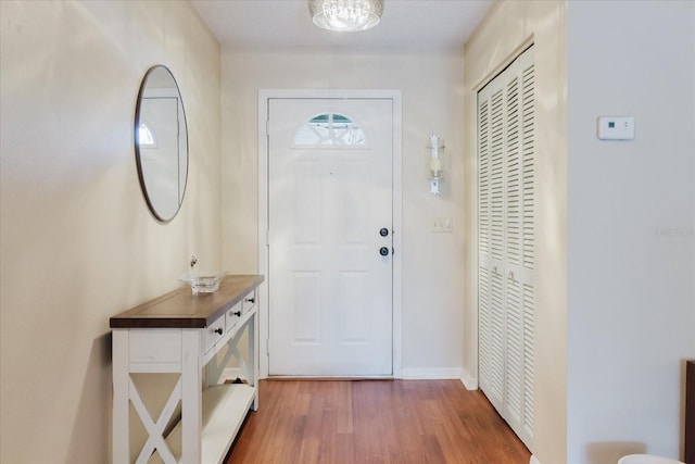 entrance foyer with baseboards and wood finished floors