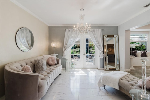 living area with french doors, marble finish floor, plenty of natural light, and an inviting chandelier
