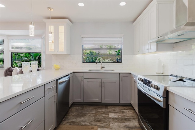 kitchen with wall chimney range hood, appliances with stainless steel finishes, plenty of natural light, and a sink