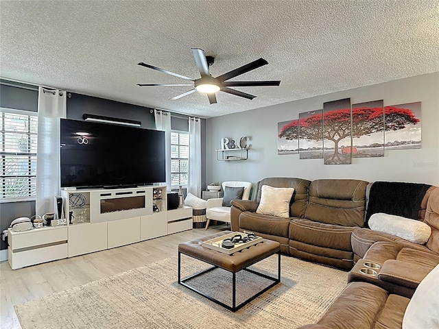 living room featuring wood finished floors, a ceiling fan, and a textured ceiling