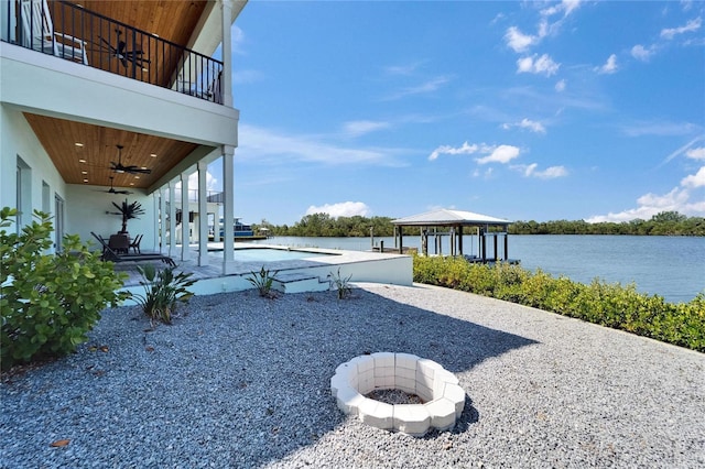 935 Chipaway Dr, Apollo Beach, FL 33572 - view of yard featuring ceiling fan, a gazebo, a balcony, and a water view