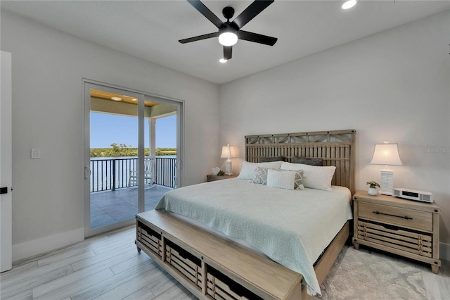 935 Chipaway Dr, Apollo Beach, FL 33572 - bedroom with access to exterior, baseboards, wood finished floors, recessed lighting, and a ceiling fan