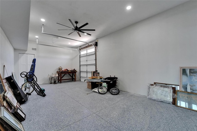 935 Chipaway Dr, Apollo Beach, FL 33572 - workout room featuring a garage, recessed lighting, and a ceiling fan