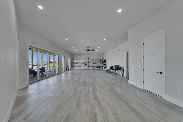 935 Chipaway Dr, Apollo Beach, FL 33572 - unfurnished living room featuring light wood-style floors, recessed lighting, baseboards, and ceiling fan