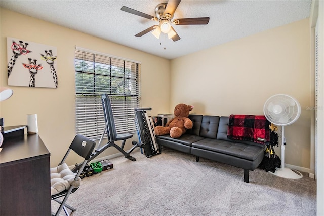 workout area featuring baseboards, carpet, a ceiling fan, and a textured ceiling