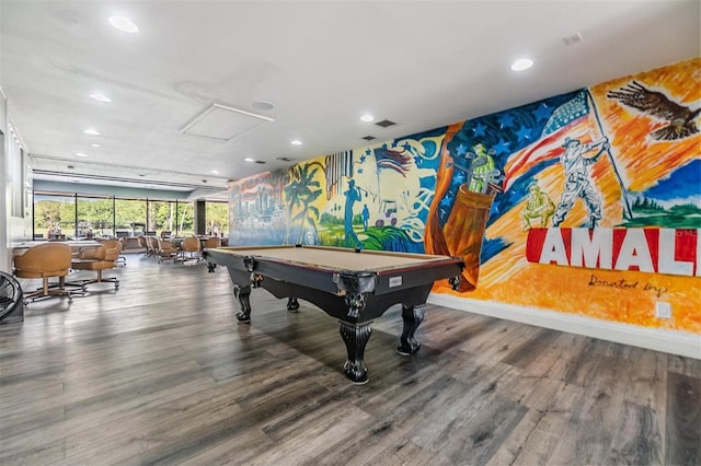 recreation room with recessed lighting, billiards, and wood finished floors