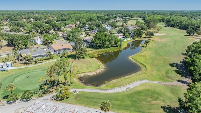aerial view featuring a water view and golf course view