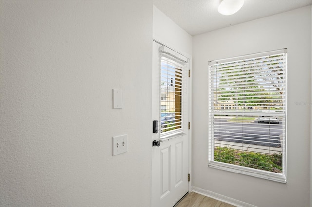 doorway to outside featuring a healthy amount of sunlight, baseboards, and light wood-style flooring