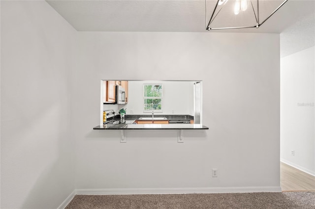 empty room featuring baseboards, a sink, and light carpet