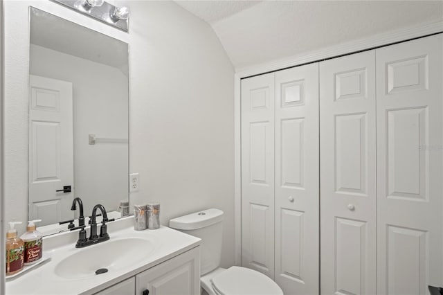 bathroom with vanity, toilet, vaulted ceiling, and a closet