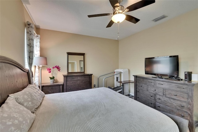 bedroom featuring a ceiling fan and visible vents