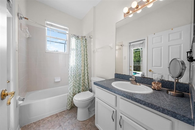 full bath featuring shower / tub combo, toilet, and vanity