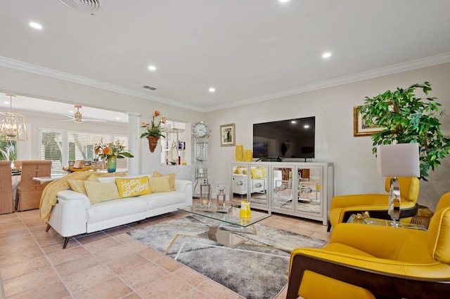 living area featuring ornate columns, visible vents, recessed lighting, and ornamental molding