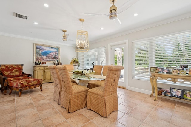 dining space with crown molding, visible vents, and ceiling fan with notable chandelier
