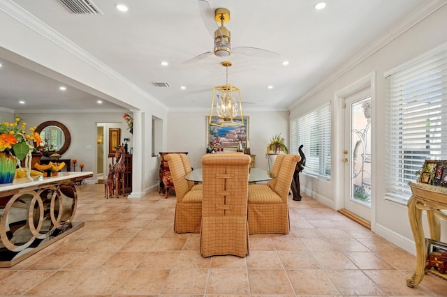 dining room featuring visible vents, recessed lighting, and baseboards