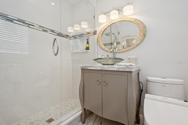 bathroom with toilet, a stall shower, and vanity